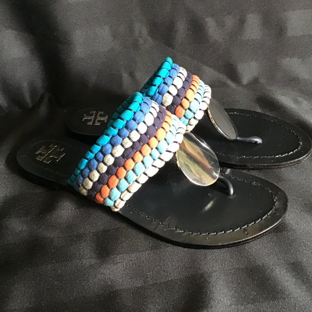Tory Burch Women's Patos Sport Blue Silver Disk Thong Sandals Flip Flops Size 6 - Picture 1 of 8